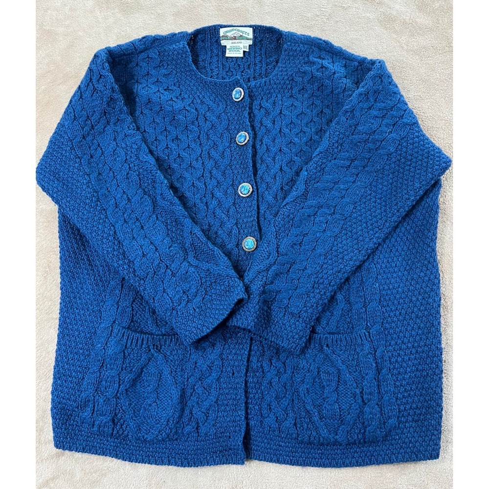 Aran Crafts Traditional Knit Lumber Cardigan Women 2XL Blue Cable Button EUC